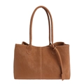 Minimalist brown leather tote bag with long shoulder straps and vertical stitching detail - Brown