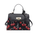 Minimalist black cherry print crossbody bag with gold square clasp and top handle - Black