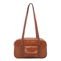 Brown vintage style faux leather shoulder bag with white stitching and silver ring hardware - Caramel color