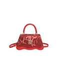 Elegant red jacquard leather handbag with metal logo and wave-cut edge detail - Red