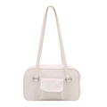 Minimalist cream white faux leather shoulder bag with front flap pocket and silver hardware - White