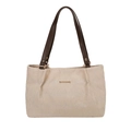 Beige gesteppte Nylon-Einkaufstasche mit braunen Ledergriffen und goldenen Metalldetails - Beige