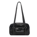 Retro Boston bowling shoulder bag in black glossy faux leather with white contrast stitching - Black
