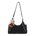 Minimalist black crescent shoulder bag in suede finish with decorative zippers and charm - Black with Pendant