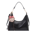 Sac cabas classique en similicuir noir brillant avec un joli pendentif ours en peluche - Noir avec Pendentif