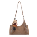 Chic taupe shoulder bag with vertical zippers and cute cat plush pendant charm - Khaki With Pendant