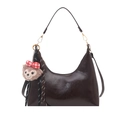 Sac Hobo marron foncé brillant avec charm en peluche ours et logo embossé élégant - Café Avec Pendentif