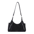 Elegant black minimalist hobo bag in matte suede with decorative silver zippers - Black
