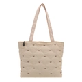 Quilted beige tote bag with elegant brown bow embroidery and diamond stitching pattern - White