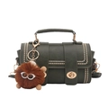 Vintage dark green Boston bag in PU leather with gold studs and brown plush monster charm - Green