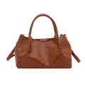 Caramel brown pleated bucket bag with dual handles and trapezoid silhouette design - Brown