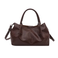 Retro dark brown leather tote bag with double handles and adjustable strap on white background - Brown