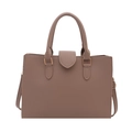 Large khaki leather handbag with top handle and adjustable shoulder strap on white background - Khaki