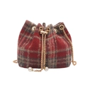 Plaid wool bucket bag with gold chain strap and pearl drawstring details for women - Red
