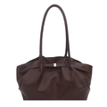 Large dark coffee leather tote bag with gold buckle and pebble grain texture for women - Brown