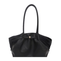 Black pleated tote bag in litchi grain leather with gold buckle and long handles - Black