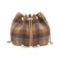 Brown plaid tweed bucket bag with gold chain strap and pearl tassel detail - Brown