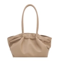 Beige pleated tote bag with pebble texture and gold metal buckle on white background - Khaki