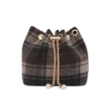 Chic checkered wool bucket bag featuring golden chain drawstring and pearl accents - Black