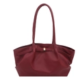 Burgundy faux leather tote bag with lychee texture and gold metal buckle on white background - Red