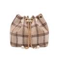 Classic brown plaid wool bucket bag with gold chain and elegant pearl drawstring accents - Khaki