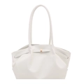 White pleated leather tote bag with grainy texture and elegant gold metal buckle detail - White