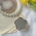 Floral phone socket mirror with pink rhinestones and foldable stand for makeup - Red