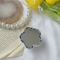 Blue rhinestone floral phone grip with folding makeup mirror and white base - Blue