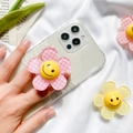 Simpatico supporto per telefono a forma di fiore sorridente con petali a scacchi su stoffa - Supporto Smiley Fiore a Quadri / Rosa Rossa