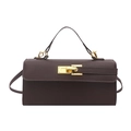 Dark brown leather Kelly style handbag with lychee pattern and gold metal lock detail - Brown