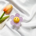 Supporto per telefono a fiore con petali a quadretti viola su sfondo in seta - Supporto Smiley Fiore a Quadri / Viola