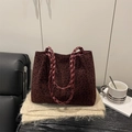 Bolso tote de leopardo retro en terciopelo burdeos con asa de cuero trenzado y gran espacio - Style Without Charm / Rojo