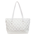 White faux fur tote bag with textured plush pom-poms and leather handles for women - White