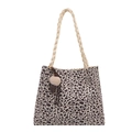 Leopard print canvas tote bag with woven rope handles and cute ice cream charm - White with Pendant
