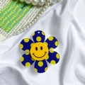 Support téléphone tournesol bleu à pois jaunes avec smiley sur soie blanche - Support Souriant Fleur à Pois / Bleu