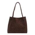 Deep brown leopard print tote bag with woven handles and spacious trapezoid structure - Brown No Pendant