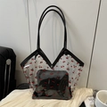 Transparent PVC tote bag with cherry print and black leather straps on silk fabric - Black