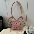 Transparent PVC cherry print tote bag with pink leather straps and matching inner pouch - Pink