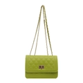 Green quilted chain shoulder bag with gold turn-lock closure on white background - Green