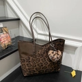 Leopard print patchwork tote bag with brown leather straps and heart charm detail - Coffee With Charms