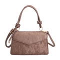 Retro bronze metallic crossbody bag with vertical texture and knotted handle on white backdrop - Brown