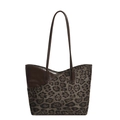 Leopard print tote bag with dark brown leather straps and large capacity for daily use - No Pendant / Green