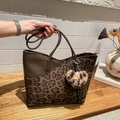 Leopard print and dark brown leather tote bag with heart charm for women - Coffee With Pendant