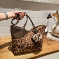 Retro leopard print tote bag in premium suede with heart charm and leather straps - Brown With Pendant