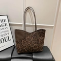 Chic leopard print tote bag with brown faux leather trim and large capacity handles - Coffee No Pendant