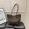 Large leopard print canvas tote bag with brown leather straps and vintage patchwork style - Green