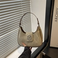 Olive green suede hobo bag with M logo, brown leather straps and adjustable buckles - Khaki