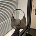 Minimalist grey suede crescent underarm bag with brown leather trim and silver M logo - Black