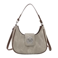 Minimalistische beige Hobo-Tasche mit braunem Lederbesatz und silbernem M-Logo - Khaki