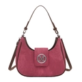 Fuchsiafarbene Hobo-Tasche mit braunen Lederriemen und metallischem M-Logo-Detail - Rosenrosa